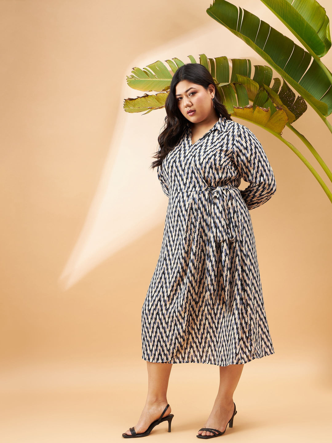 Black &amp; White Geometric Printed Wrap Dress-SASSAFRAS Curve