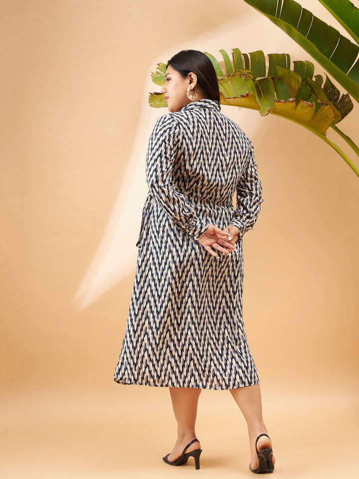 Black &amp; White Geometric Printed Wrap Dress-SASSAFRAS Curve