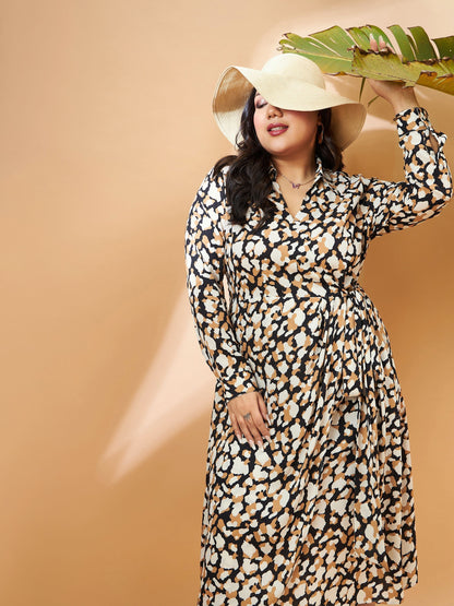 Plus size women's Black Polyester Black & Beige Printed Wrap Dress by Sassafras Curve for wholesale buyers, boutiques, resellers and bulk orders from
