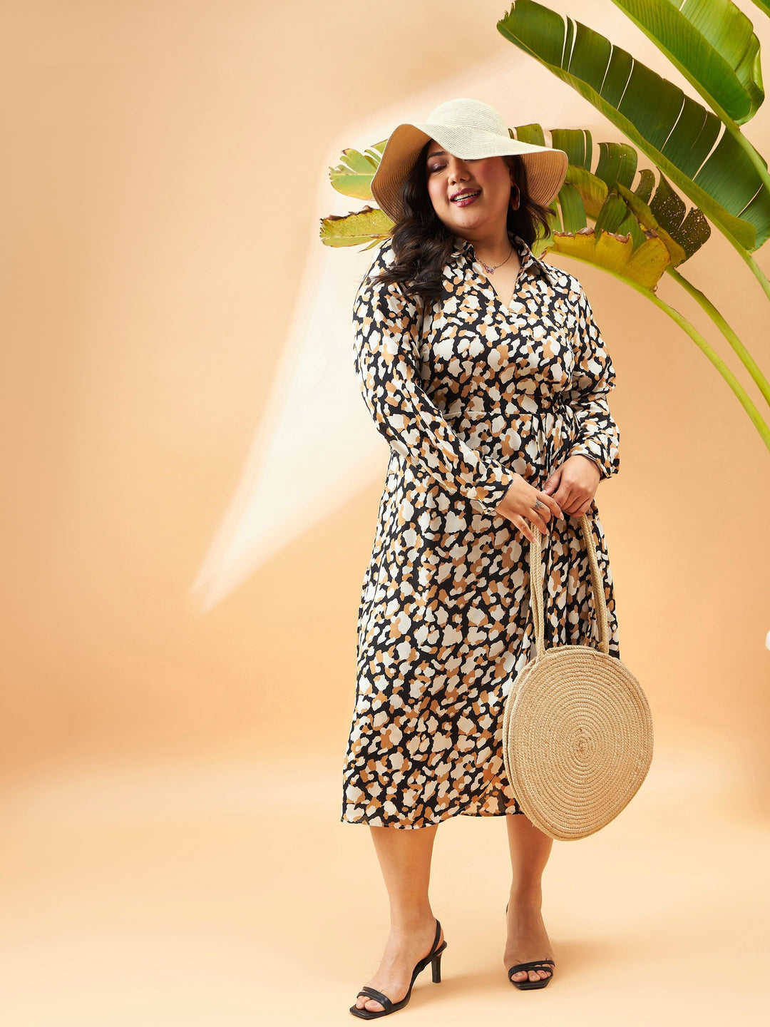 Black &amp; Beige Printed Wrap Dress-SASSAFRAS Curve