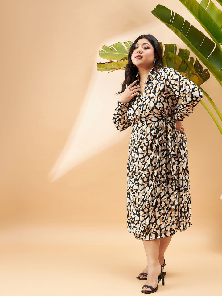 Black &amp; Beige Printed Wrap Dress-SASSAFRAS Curve