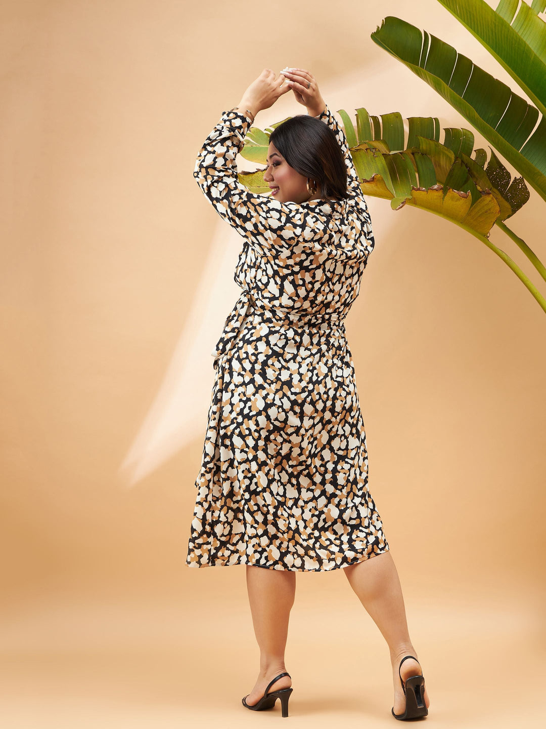 Black &amp; Beige Printed Wrap Dress-SASSAFRAS Curve