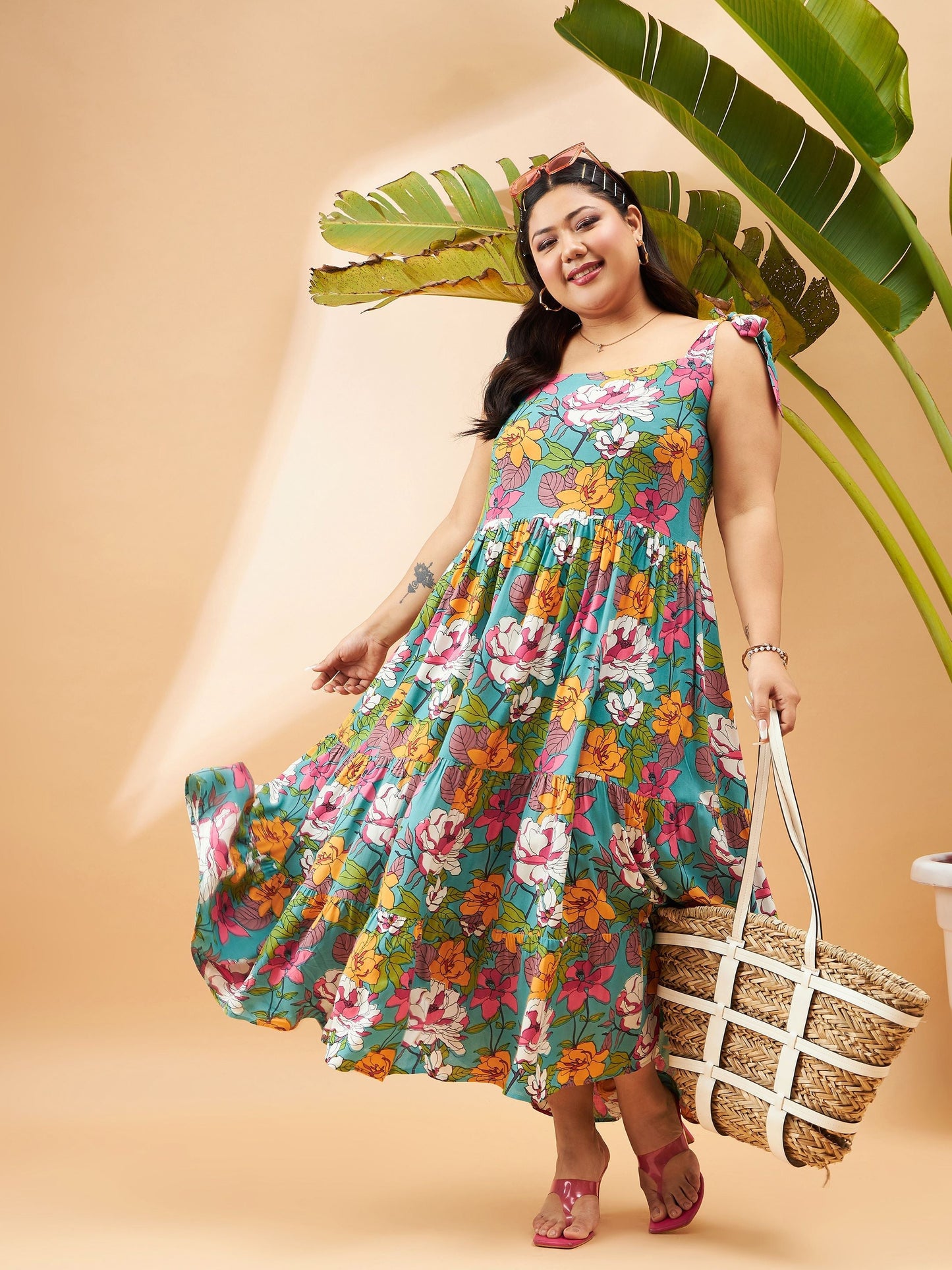 Blue Floral Tie Up Tiered Dress
