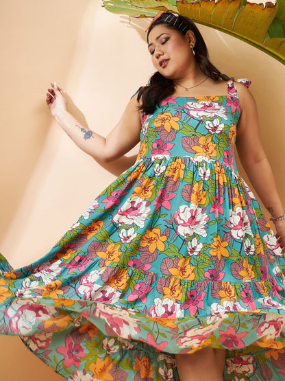 Blue Floral Tie Up Tiered Dress