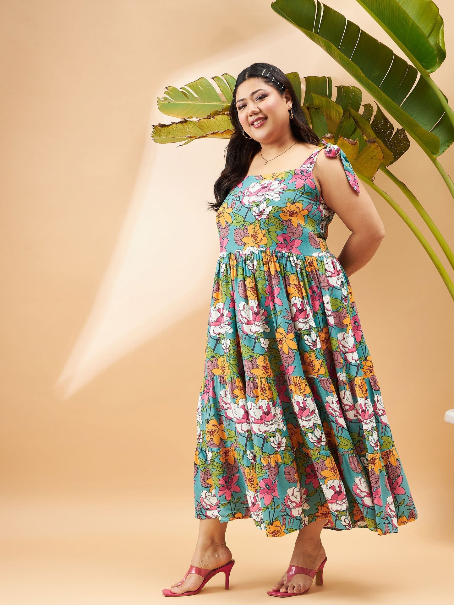 Blue Floral Tie Up Tiered Dress
