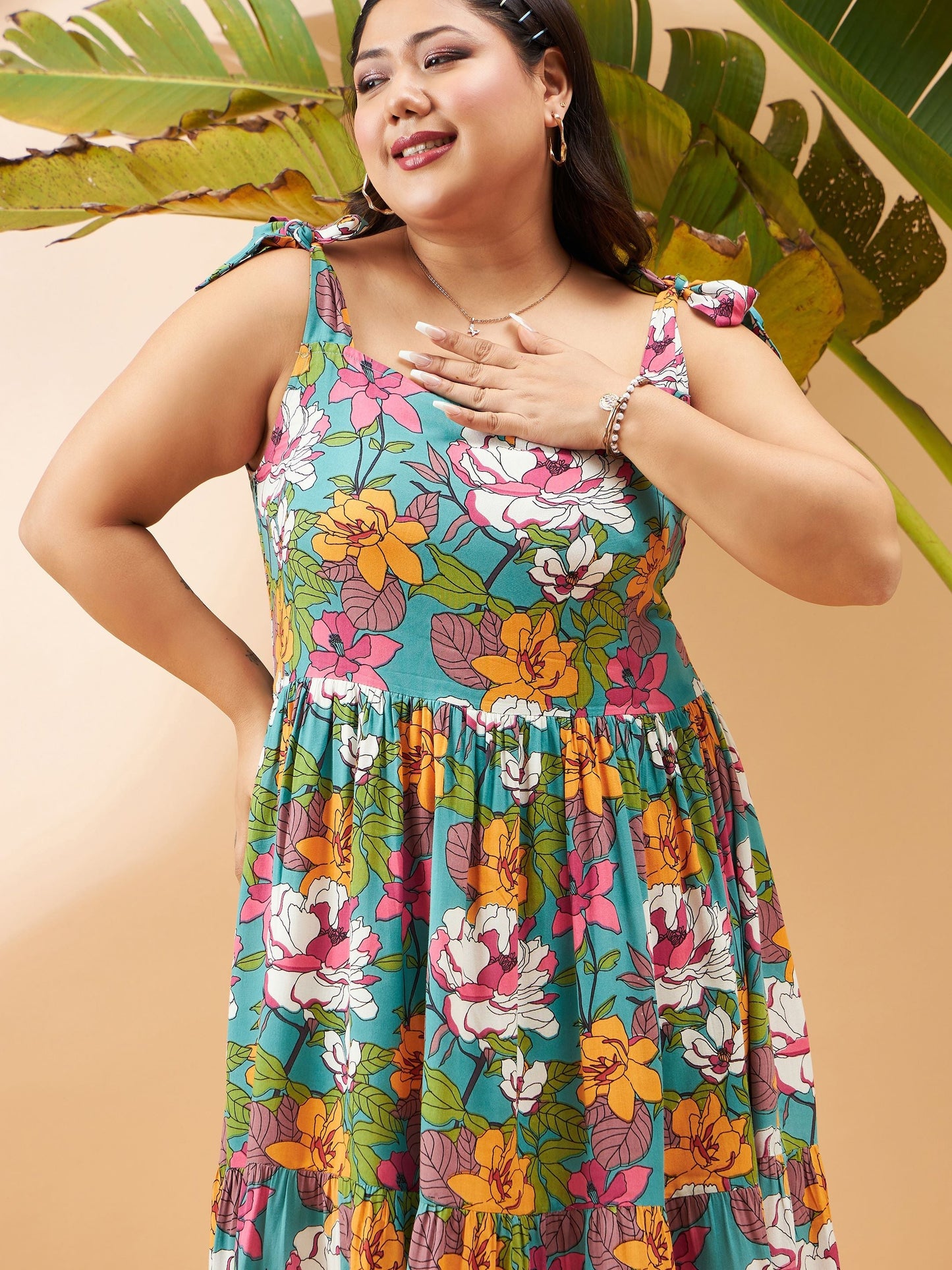 Blue Floral Tie Up Tiered Dress
