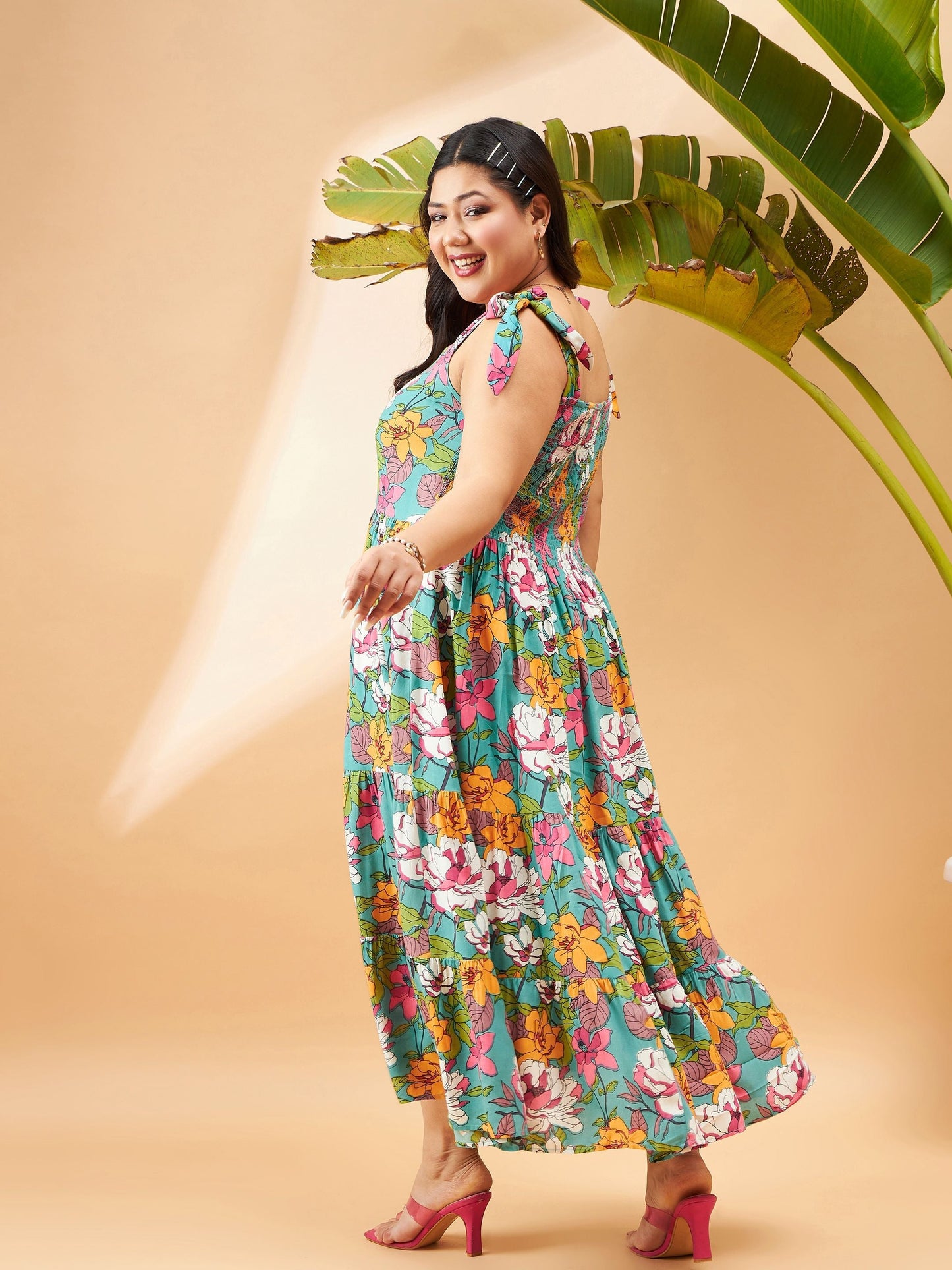 Blue Floral Tie Up Tiered Dress