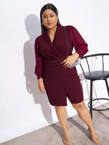 Maroon Front Belt Bodycon Dress