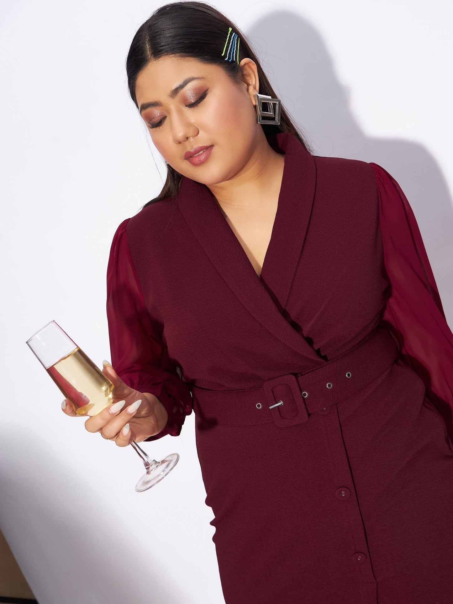 Maroon Front Belt Bodycon Dress