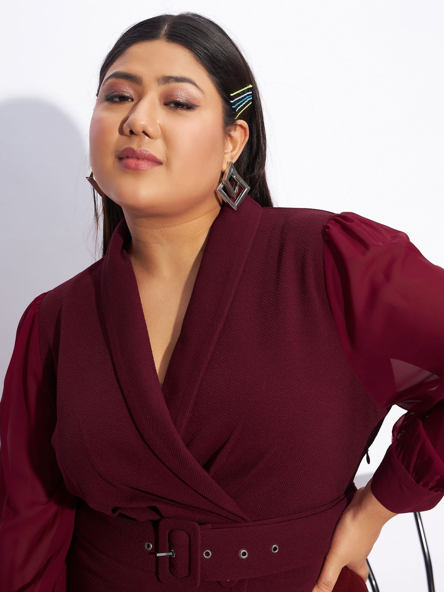 Maroon Front Belt Bodycon Dress
