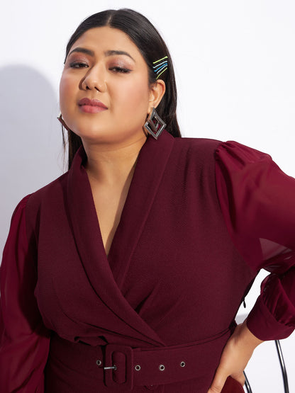 Maroon Front Belt Bodycon Dress