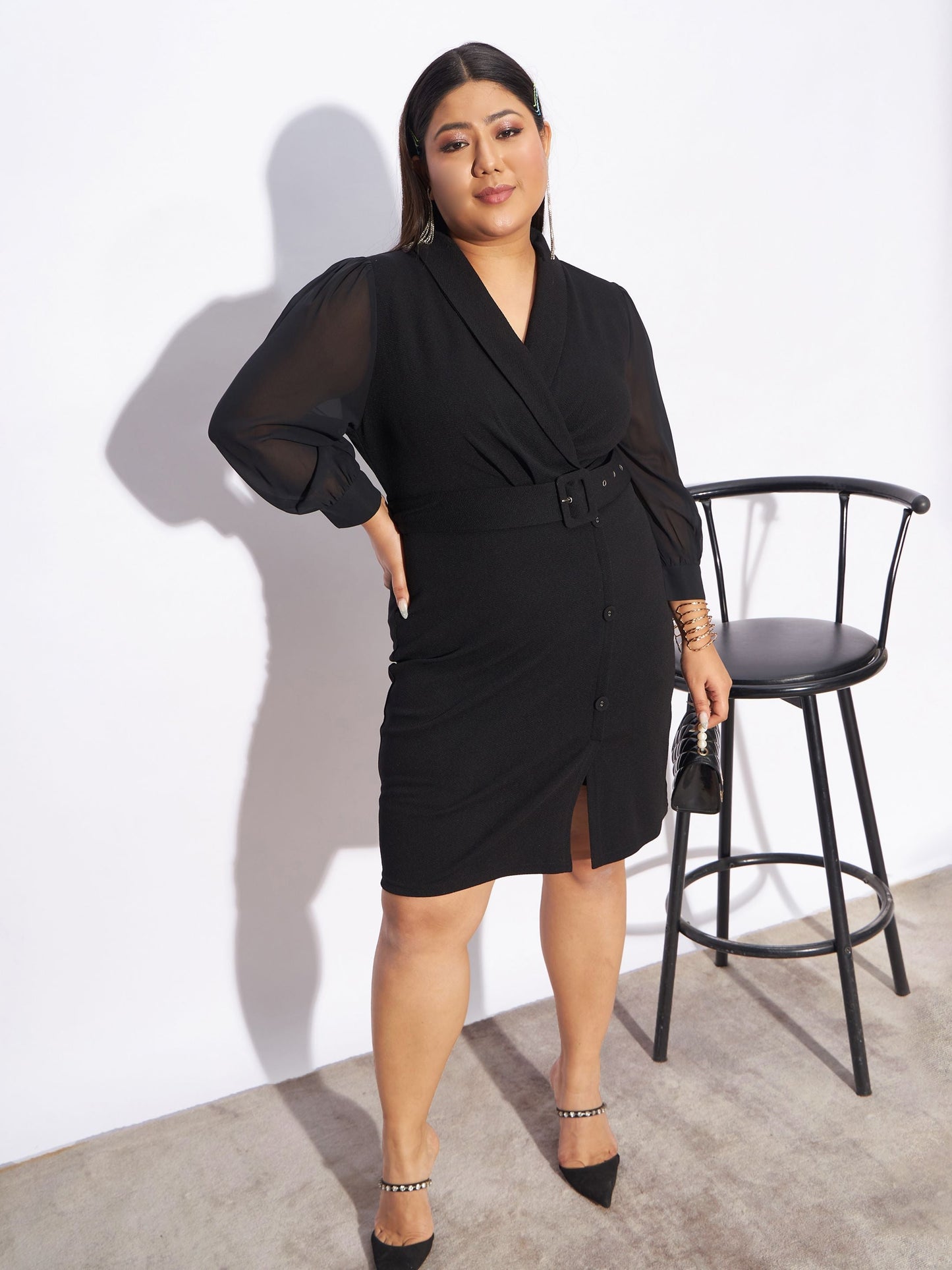 Black Front Belt Bodycon Dress