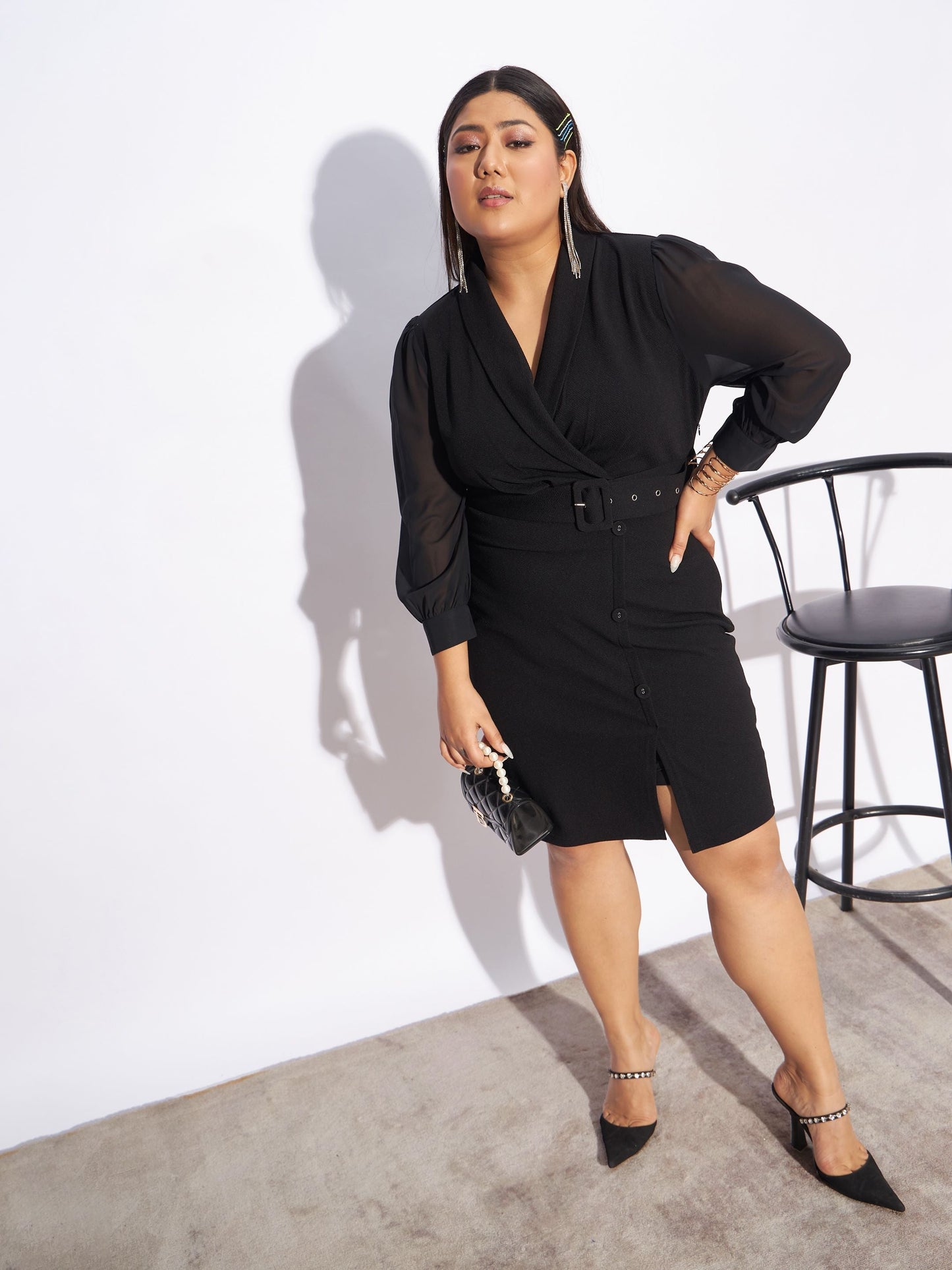 Black Front Belt Bodycon Dress