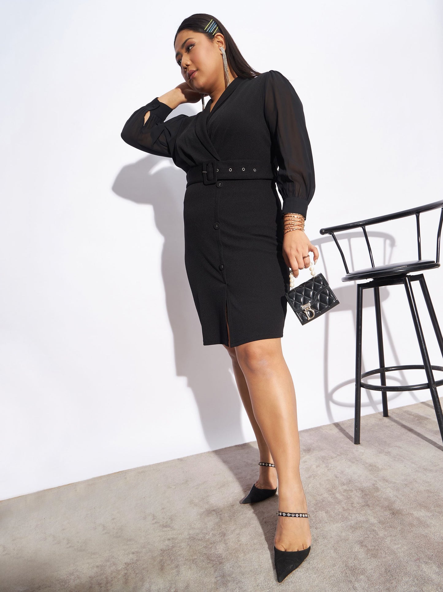 Black Front Belt Bodycon Dress