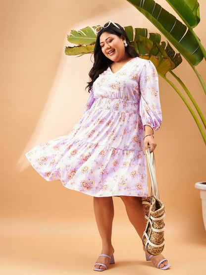 Lilac Floral Print Skater Dress