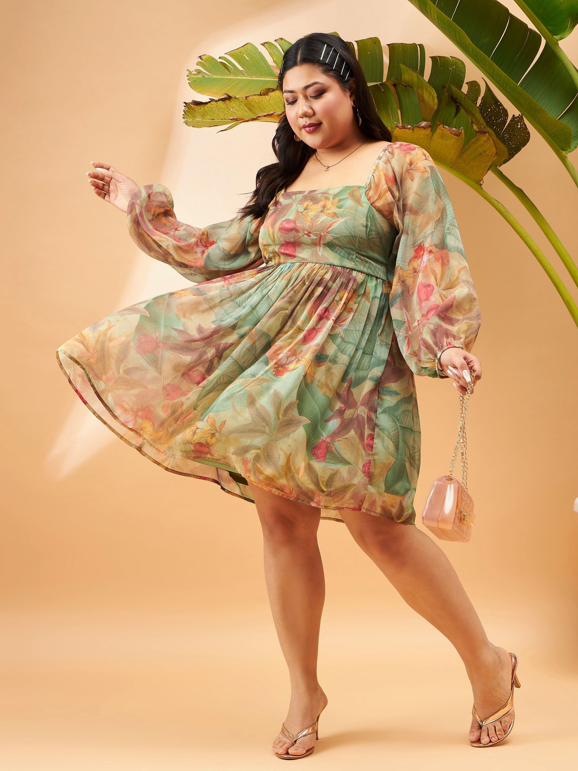Plus size women's Green Chiffon Green Chiffon Jungle Print Back Smocking Skater Dress by Sassafras Curve for wholesale buyers, boutiques, resellers
