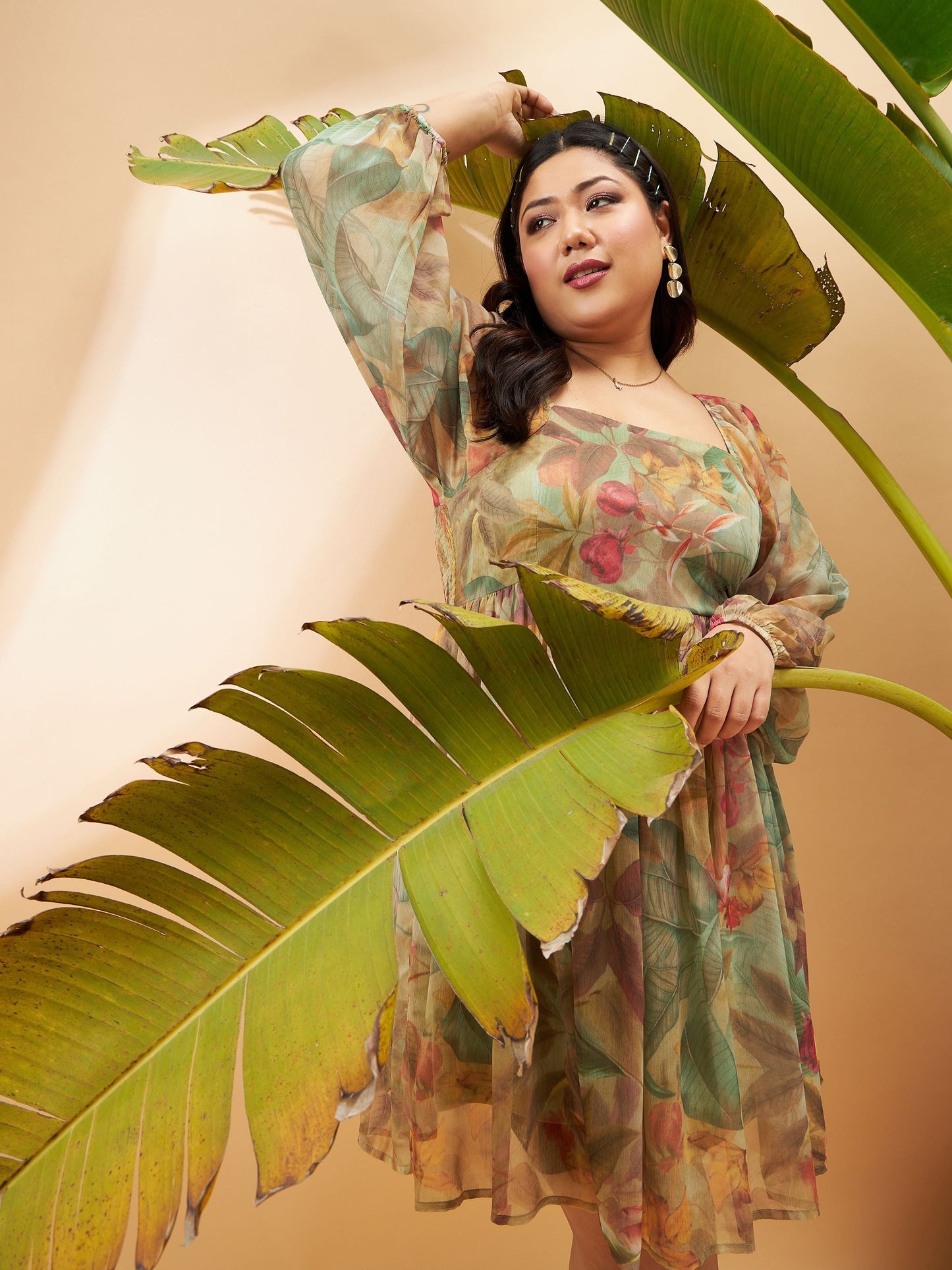 Green Chiffon Jungle Print Back Smocking Skater Dress-SASSAFRAS Curve