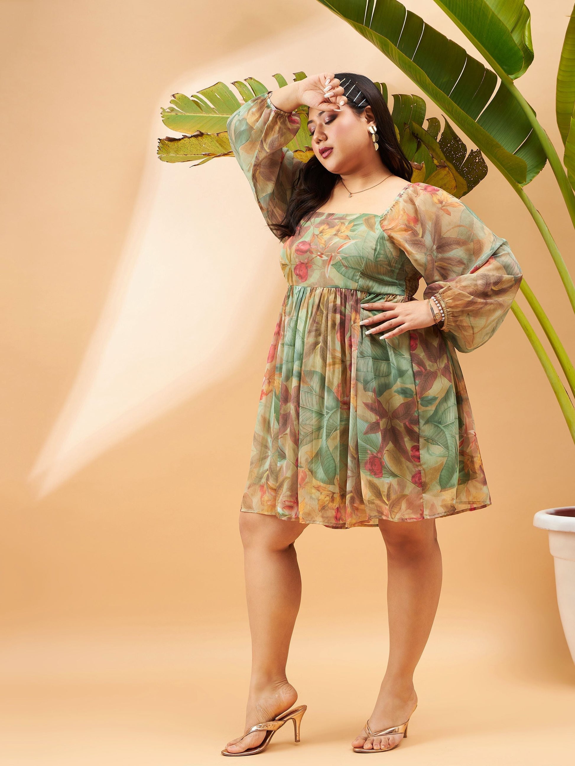 Green Chiffon Jungle Print Back Smocking Skater Dress-SASSAFRAS Curve