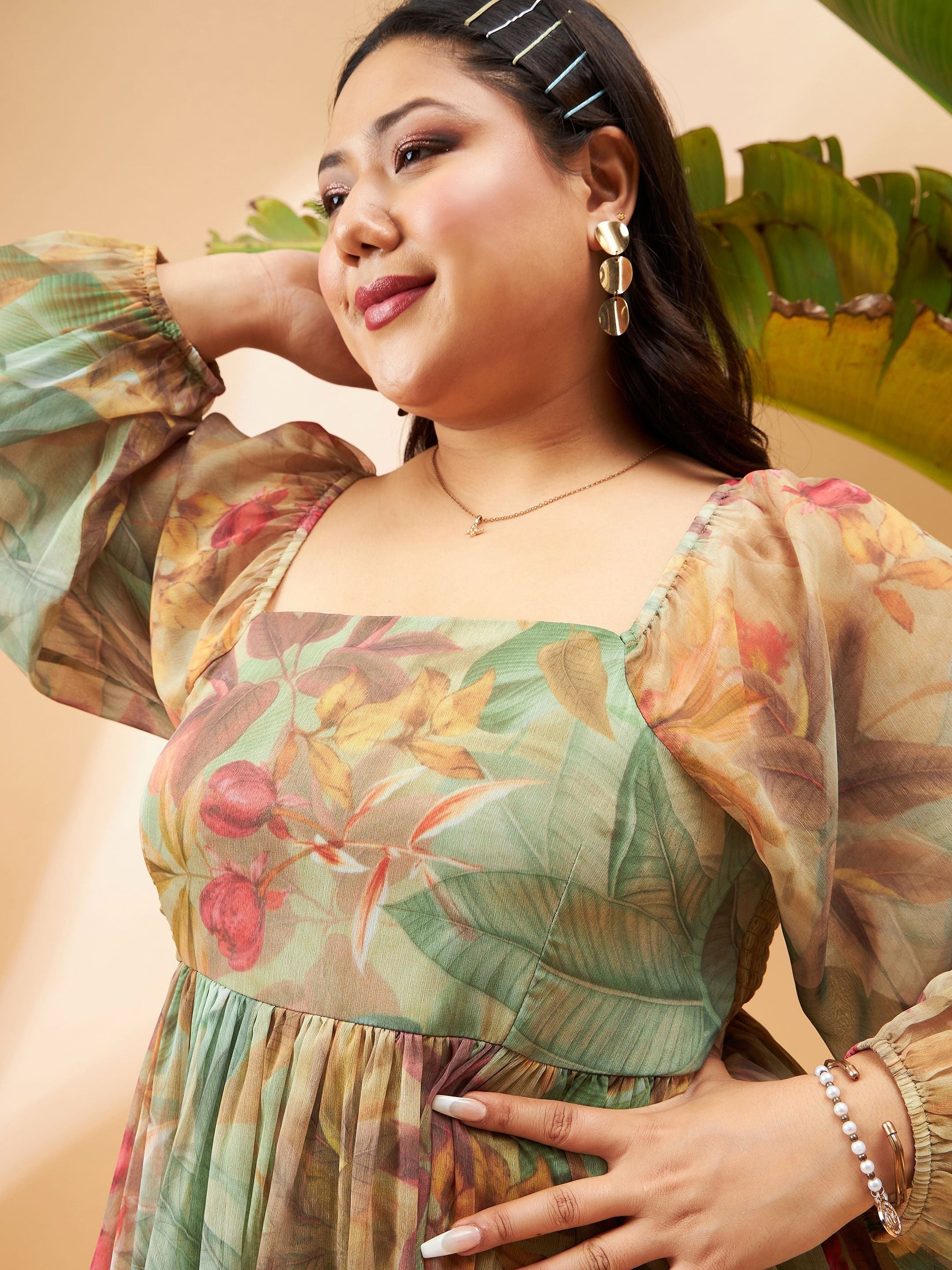 Green Chiffon Jungle Print Back Smocking Skater Dress-SASSAFRAS Curve