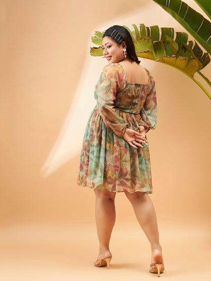 Green Chiffon Jungle Print Back Smocking Skater Dress-SASSAFRAS Curve