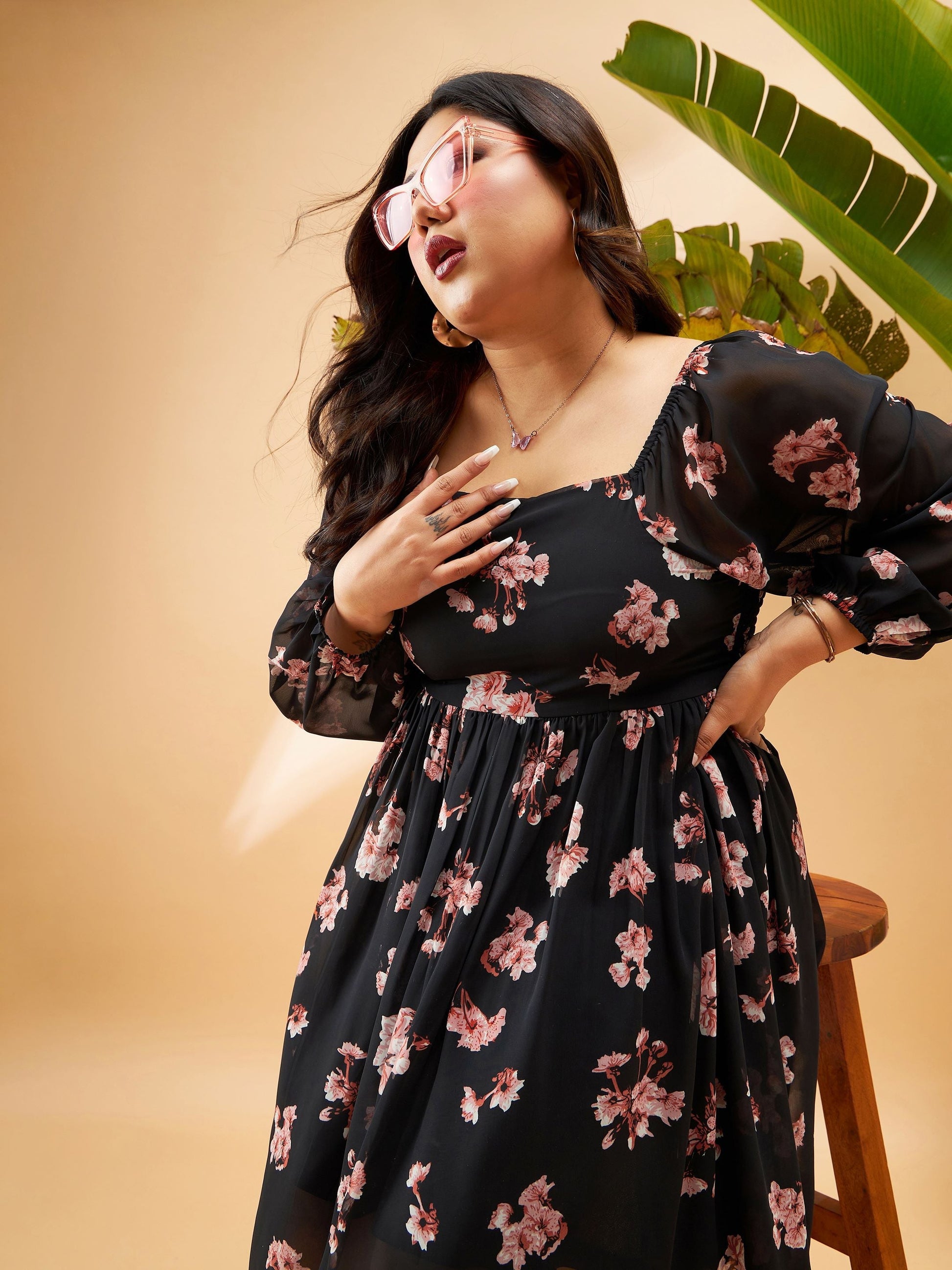 Plus size women's Black Georgette Black Floral Print Back Smocking Detail Skater Dress by Sassafras Curve for wholesale buyers, boutiques, resellers