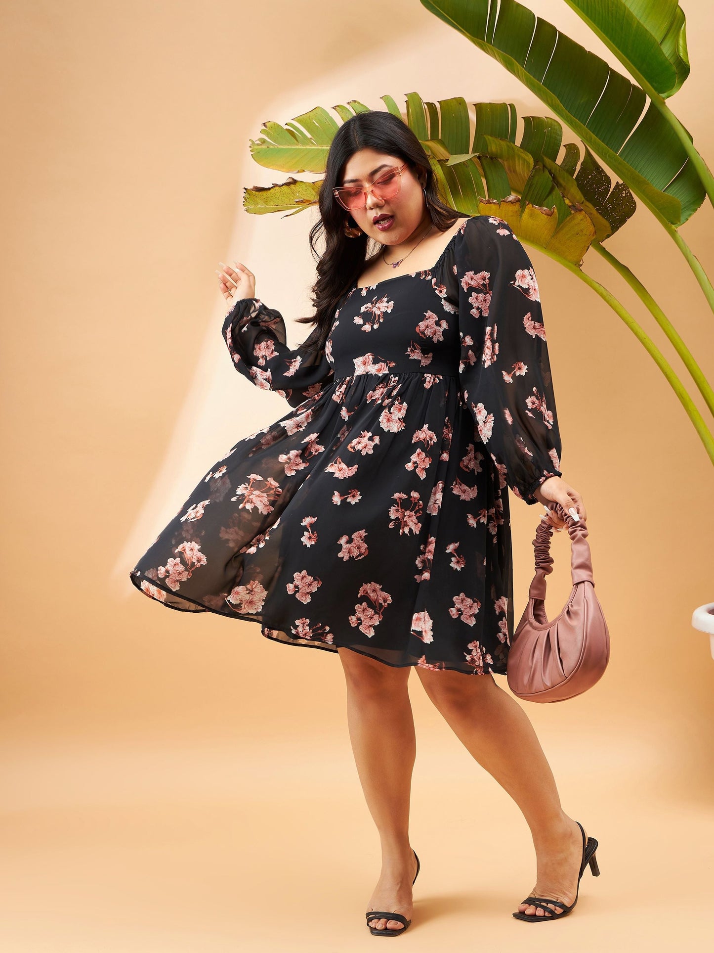 Black Floral Print Back Smocking Detail Skater Dress-SASSAFRAS Curve