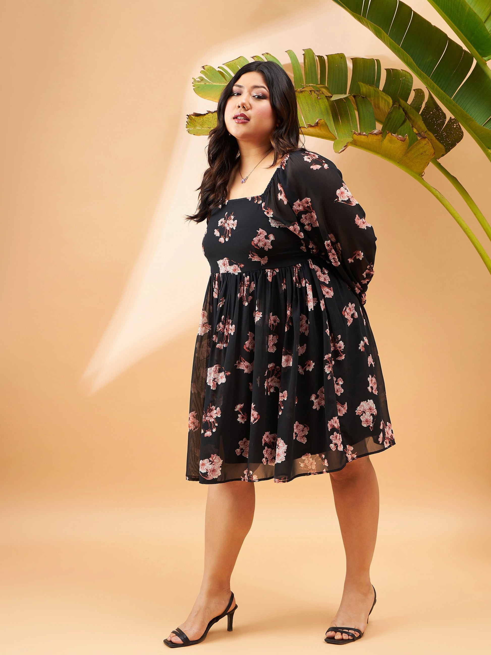 Black Floral Print Back Smocking Detail Skater Dress-SASSAFRAS Curve