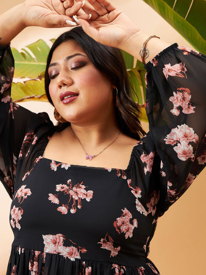 Black Floral Print Back Smocking Detail Skater Dress-SASSAFRAS Curve