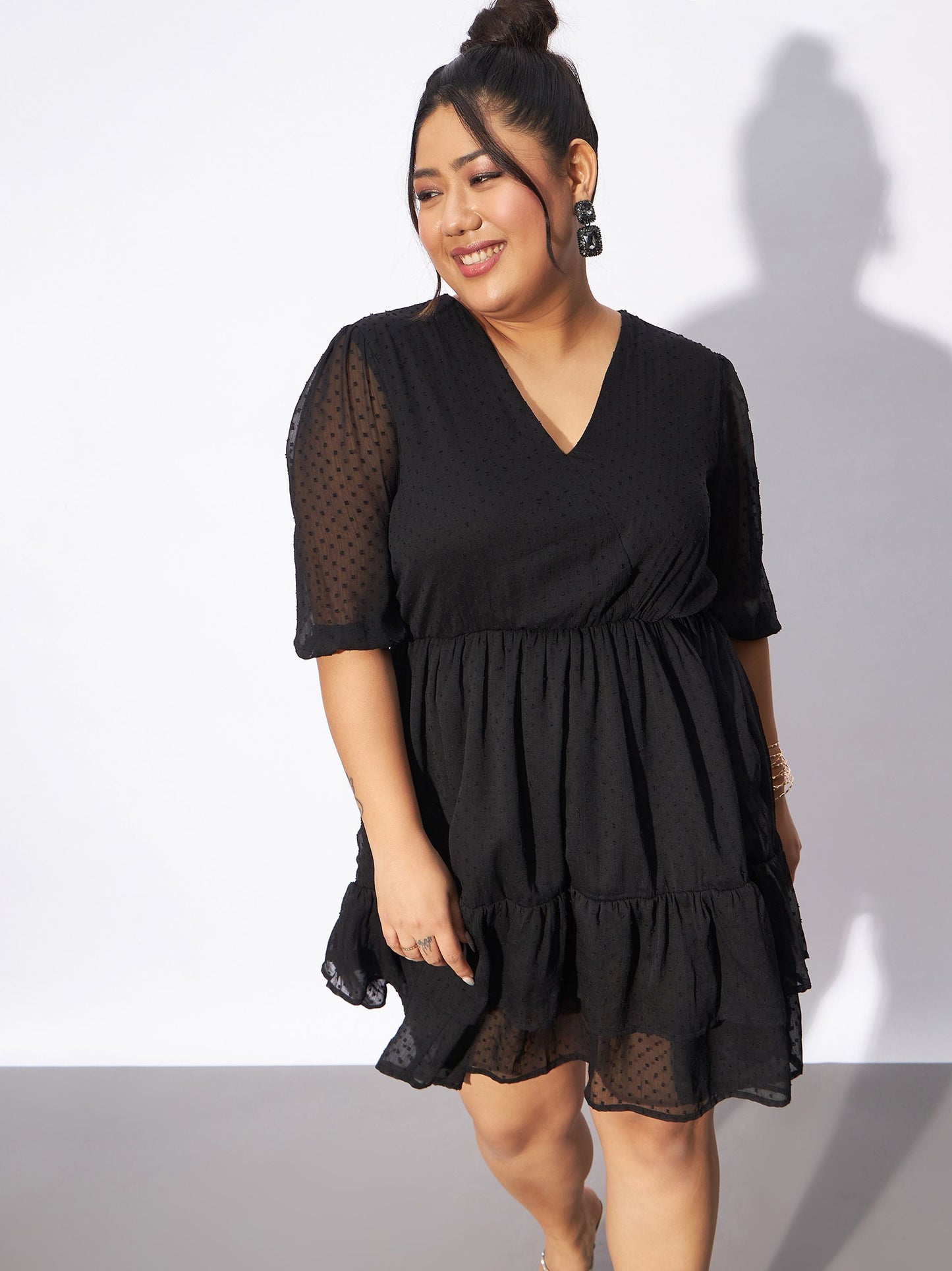 Black Dobby Frill Hem Skater Dress