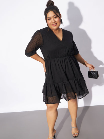 Black Dobby Frill Hem Skater Dress