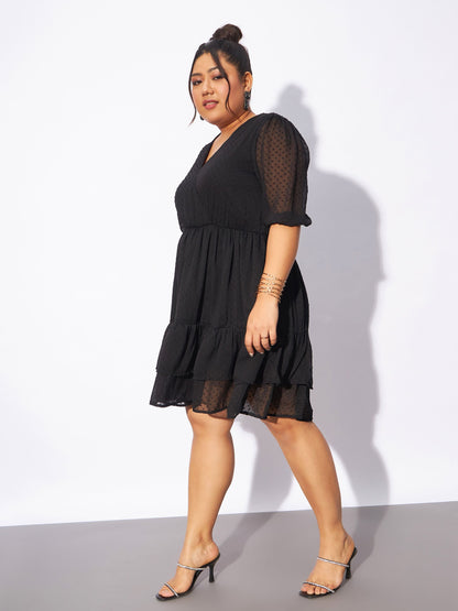Black Dobby Frill Hem Skater Dress