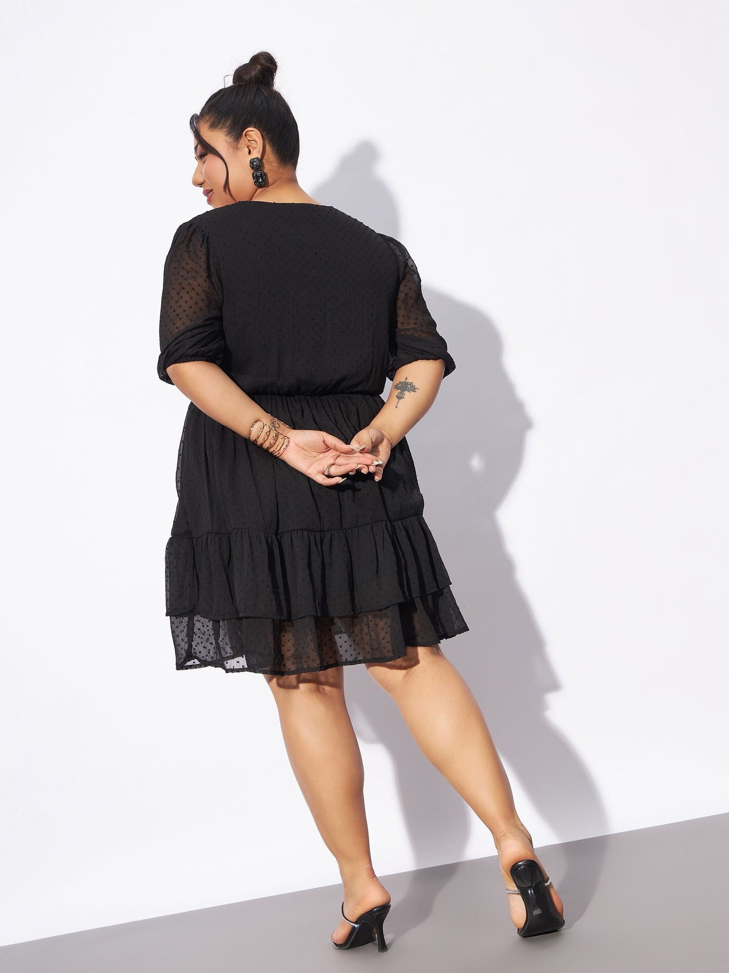 Black Dobby Frill Hem Skater Dress