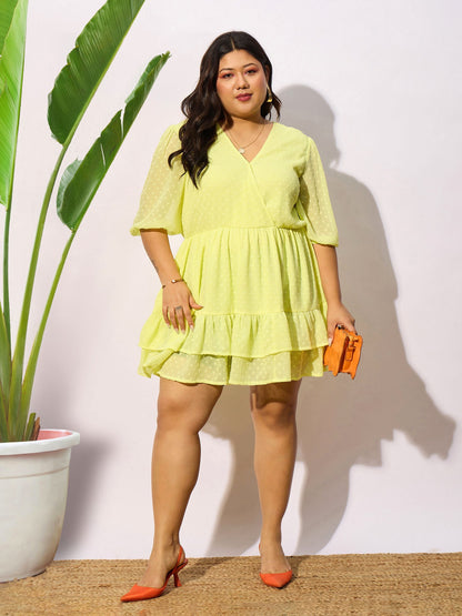 Yellow Dobby Frill Hem Skater Dress