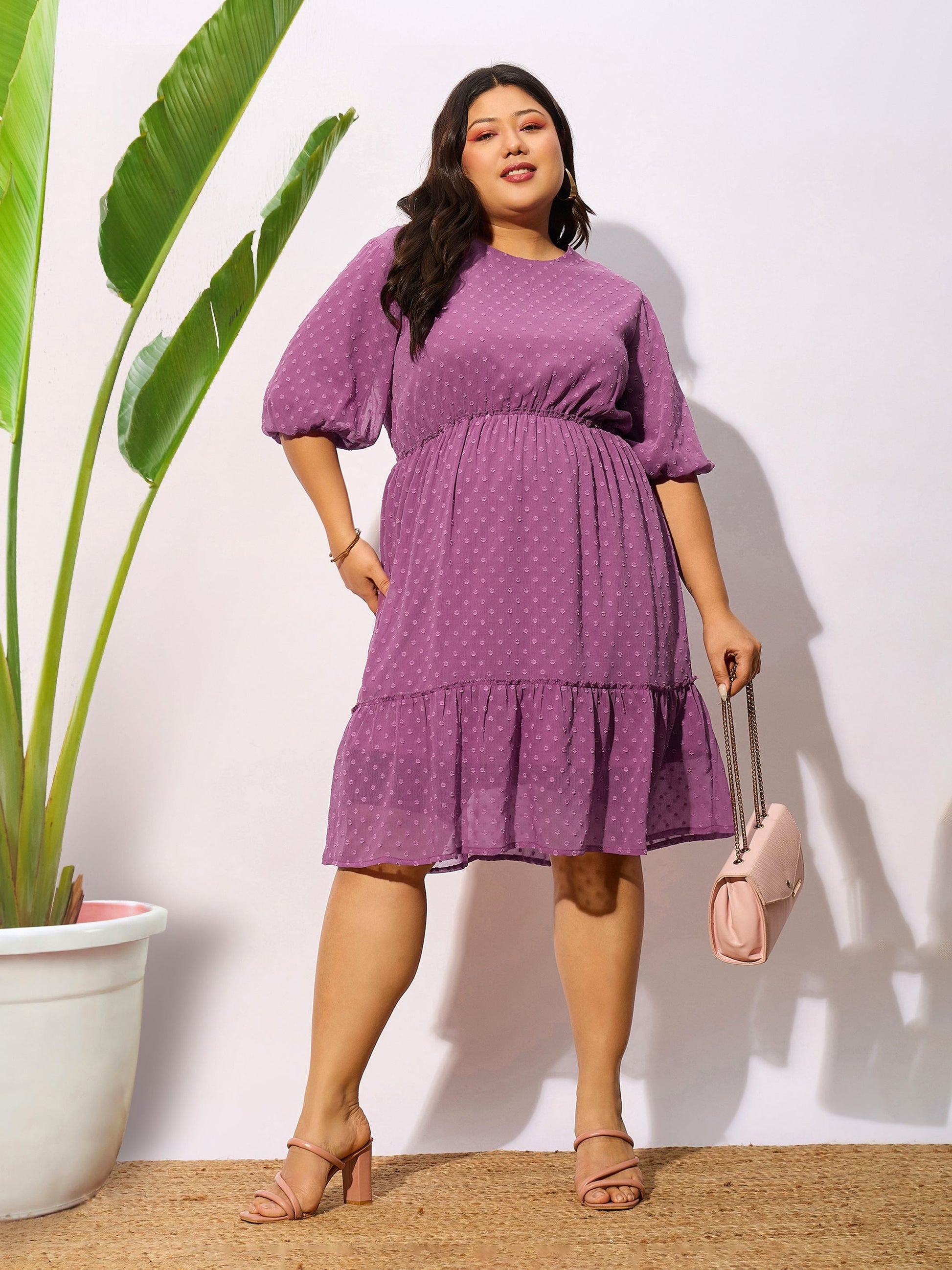 Plus size women's Purple Polyester Purple Dobby Puff Sleeve Skater Dress by Sassafras Curve for wholesale buyers, boutiques, resellers and bulk