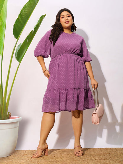 Plus size women's Purple Polyester Purple Dobby Puff Sleeve Skater Dress by Sassafras Curve for wholesale buyers, boutiques, resellers and bulk