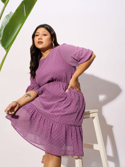Purple Dobby Puff Sleeve Skater Dress-SASSAFRAS Curve
