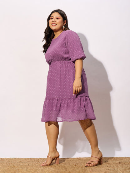 Purple Dobby Puff Sleeve Skater Dress-SASSAFRAS Curve