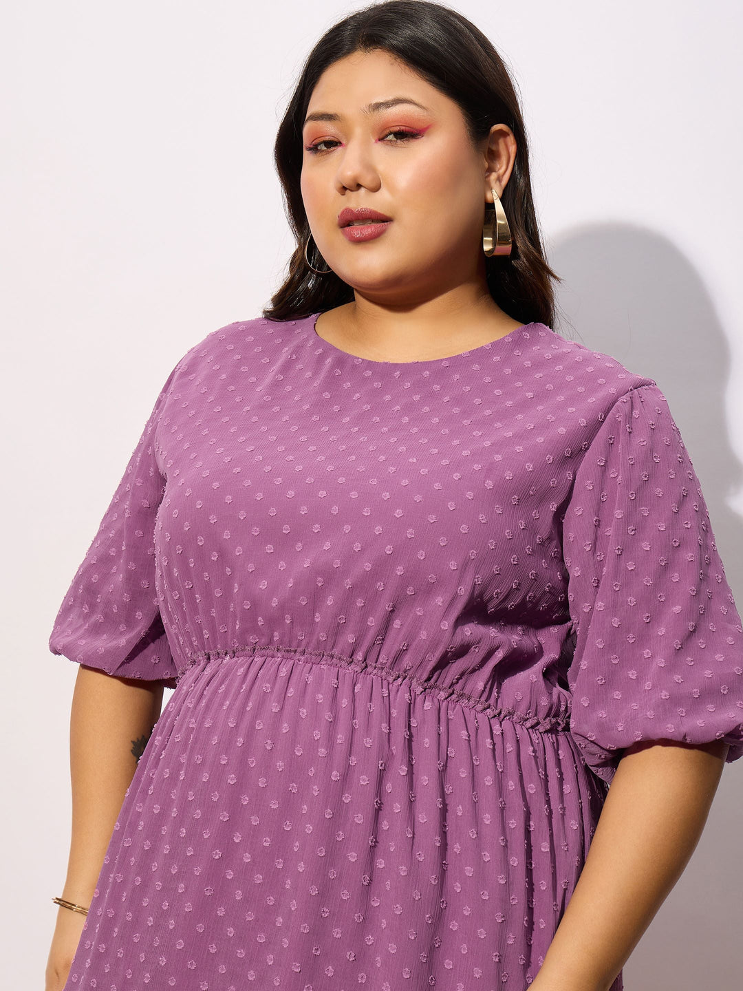 Purple Dobby Puff Sleeve Skater Dress-SASSAFRAS Curve