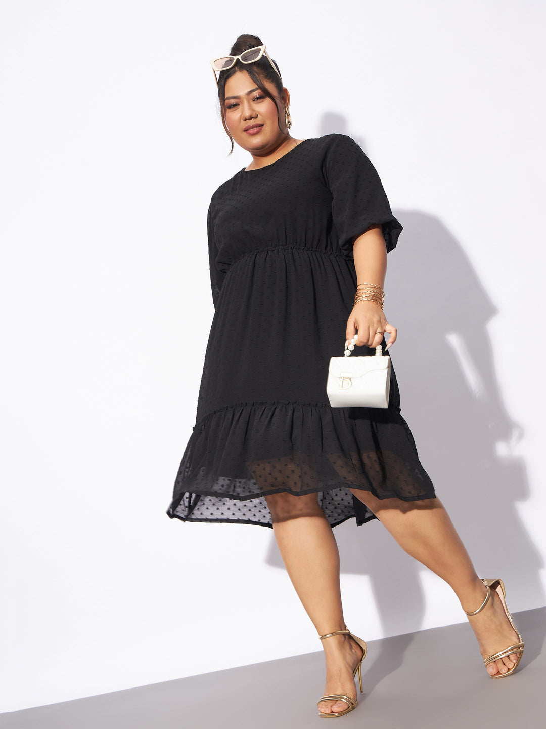 Black Dobby Puff Sleeve Skater Dress-SASSAFRAS Curve