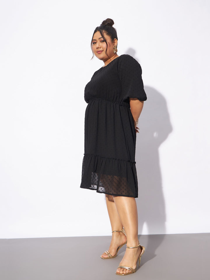 Black Dobby Puff Sleeve Skater Dress-SASSAFRAS Curve