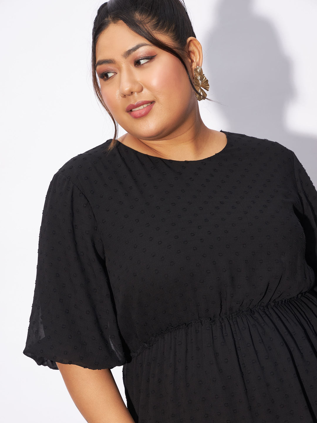 Black Dobby Puff Sleeve Skater Dress-SASSAFRAS Curve