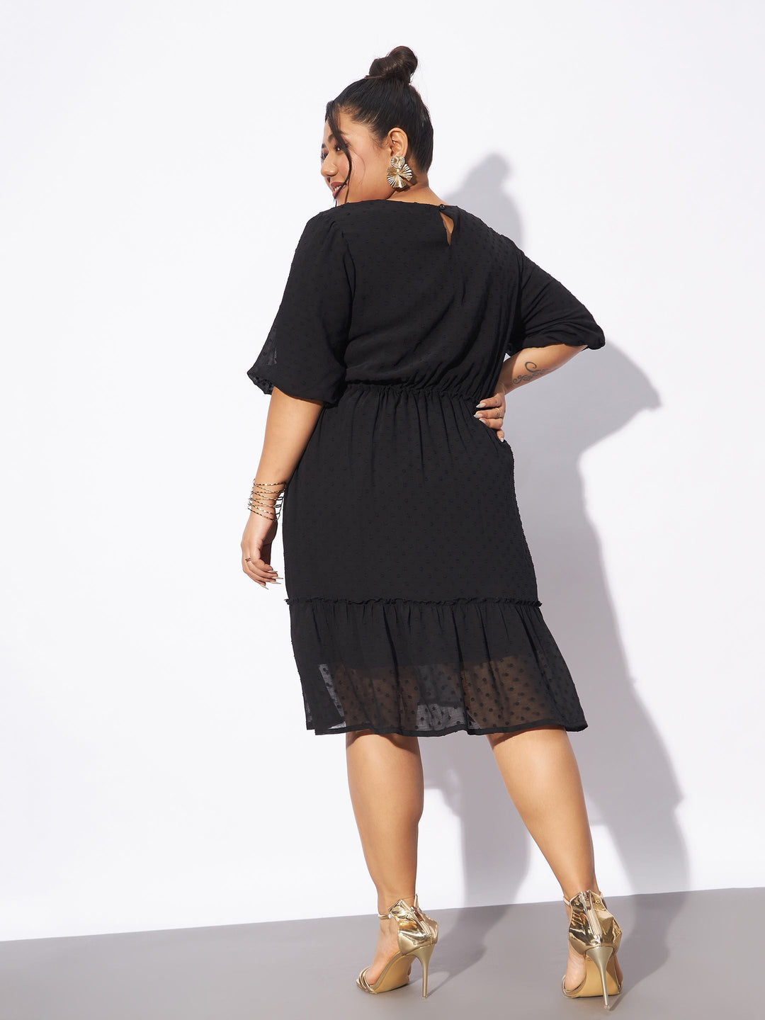 Black Dobby Puff Sleeve Skater Dress-SASSAFRAS Curve