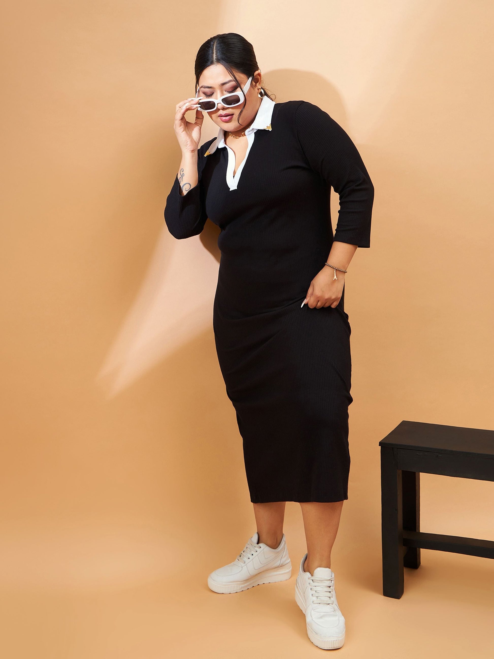 Plus size women's Black Polycotton Black Rib Contrast Collar Midi Dress by Sassafras Curve for wholesale buyers, boutiques, resellers and bulk orders