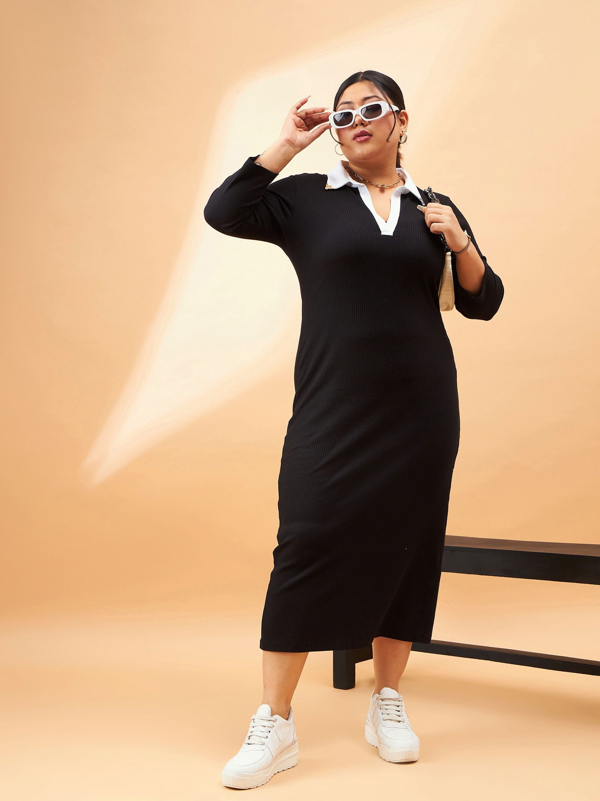 Black Rib Contrast Collar Midi Dress-SASSAFRAS Curve