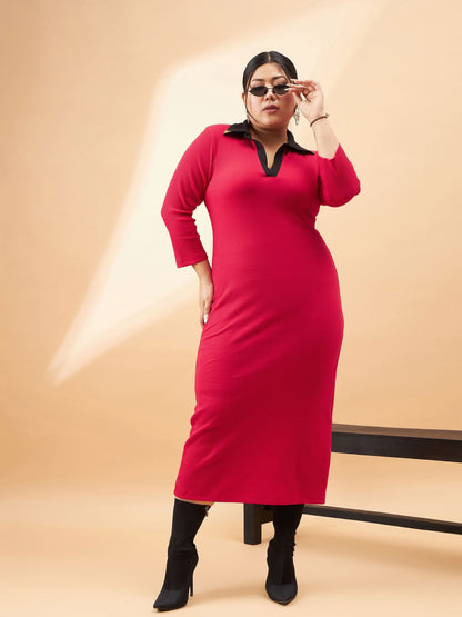 Plus size women's Red Polycotton Red Rib Contrast Collar Midi Dress by Sassafras Curve for wholesale buyers, boutiques, resellers and bulk orders