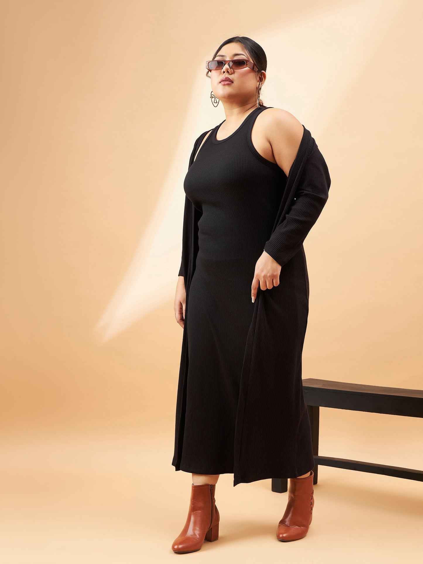 Plus size women's Black Polycotton Black Rib Sleeveless Bodycon Dress With Shrug by Sassafras Curve for wholesale buyers, boutiques, resellers and