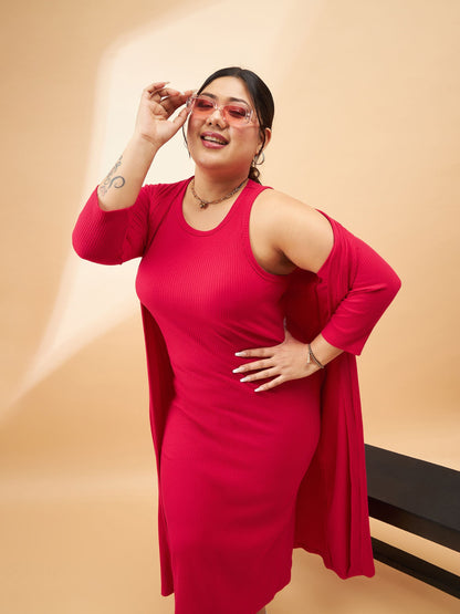 Red Rib Sleeveless Bodycon Dress With Shrug