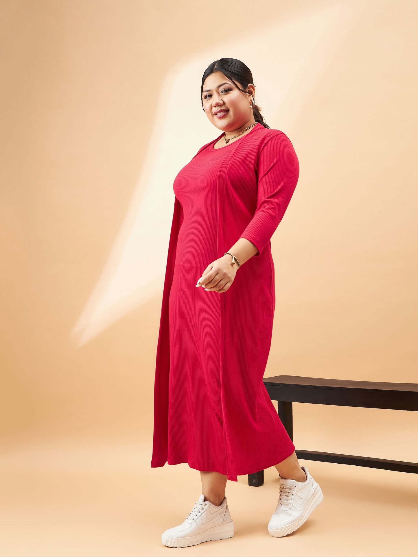 Red Rib Sleeveless Bodycon Dress With Shrug