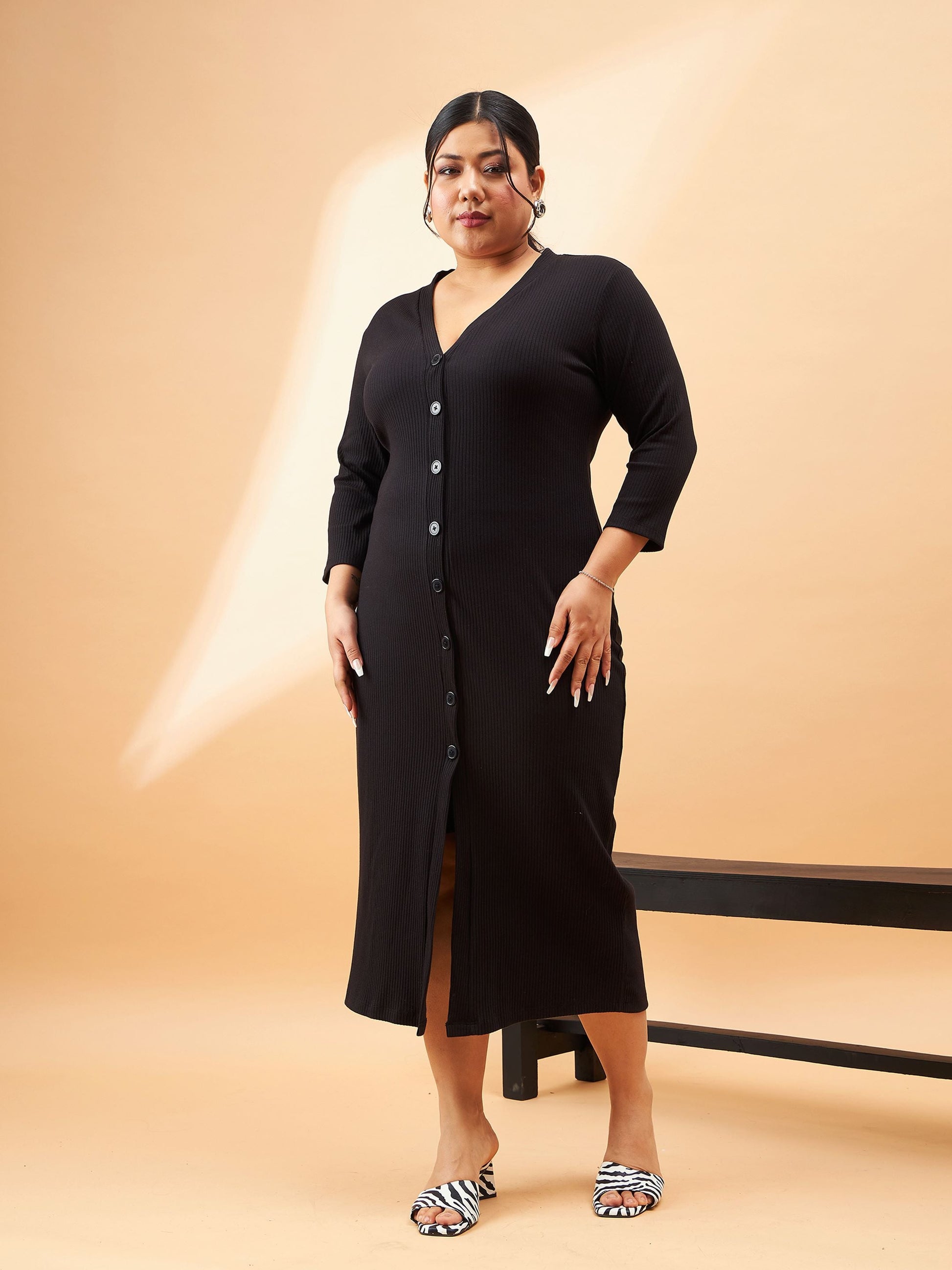 Plus size women's Black Polycotton Black Rib Front Button V-Neck Midi Dress by Sassafras Curve for wholesale buyers, boutiques, resellers and bulk