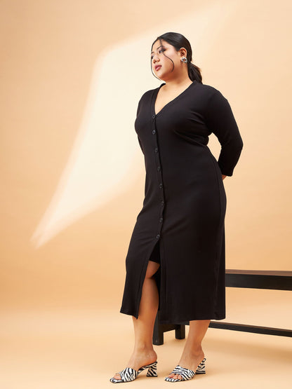 Black Rib Front Button V-Neck Midi Dress-SASSAFRAS Curve